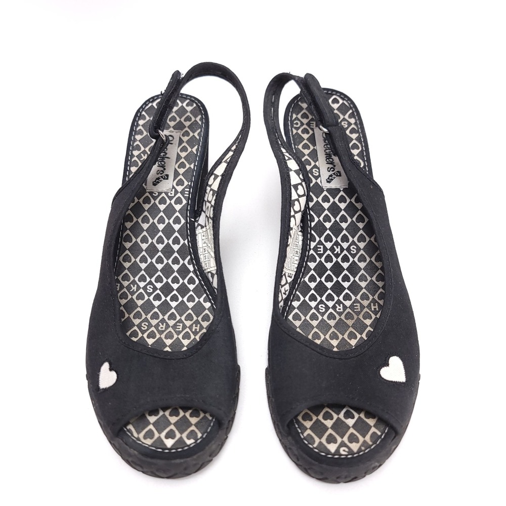 Skechers Womens Black Canvas Heart Peep Toe Slingback Wedge Sandals Y2K Size 8 - Picture 2 of 8